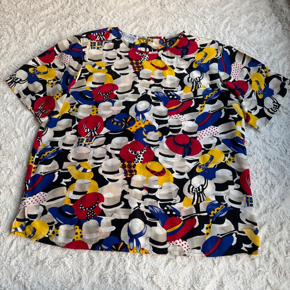 Vintage 100% silk hat print blouse Allison Taylor 80s 90s derby short sleeve S - Picture 11 of 14